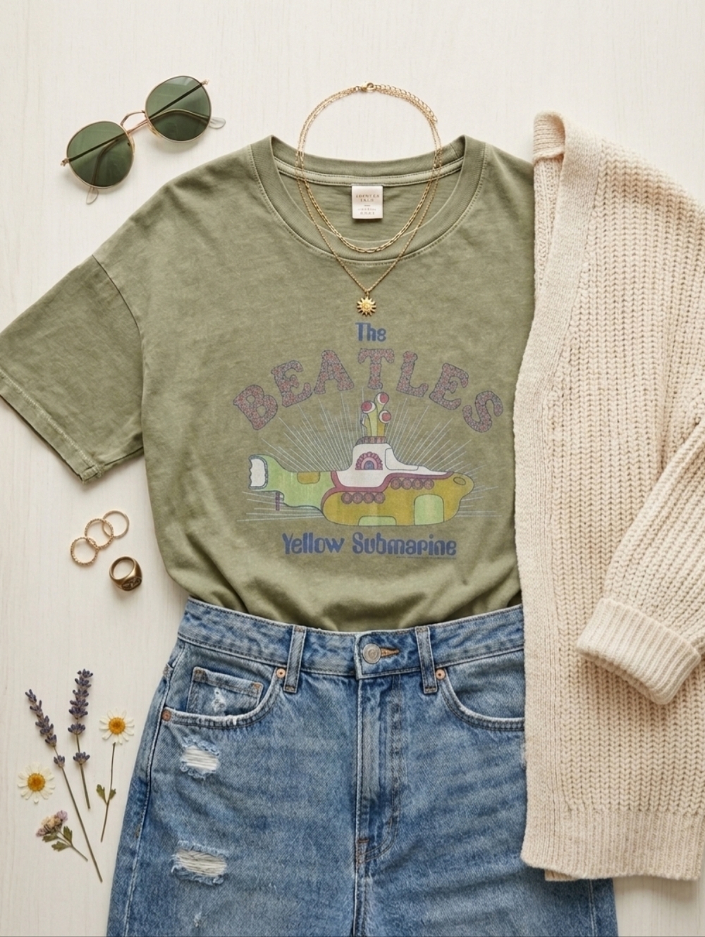 The Beatles x American Eagle Oversized Yellow Submarine Graphic Tee Olive Green